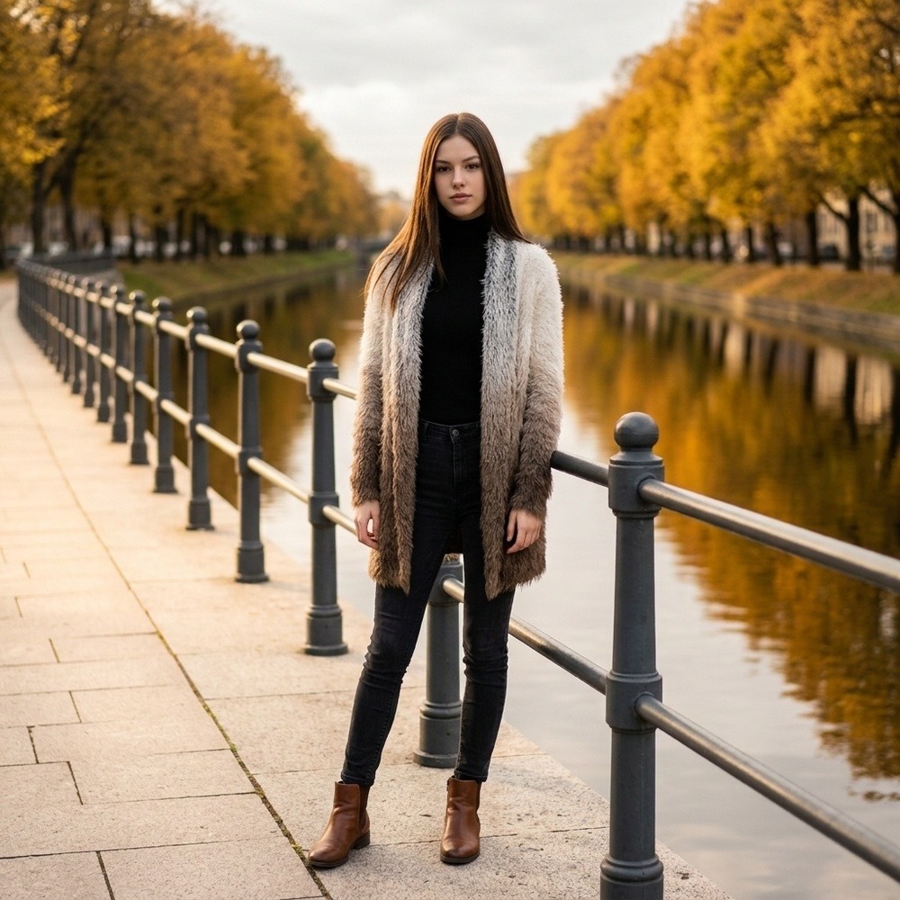 Shaggy Open Front Cardigan Sweater Cream Brown Ombre Fuzzy Cozy Long Winter S